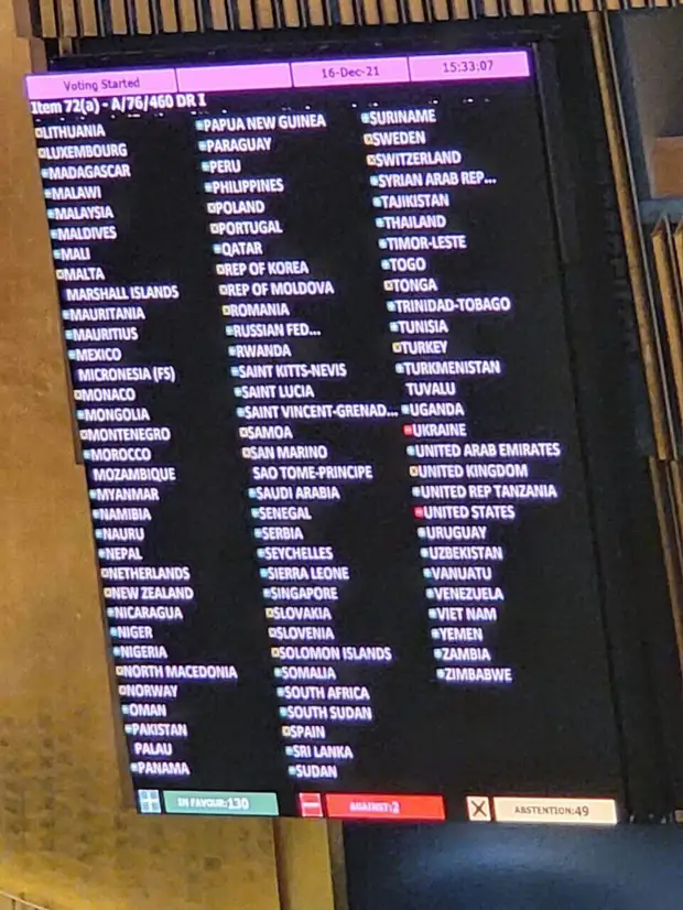 Против резолюции России по борьбе с героизацией нацизма проголосовали только США и Украина