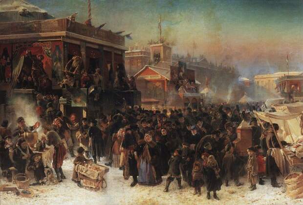 Константин Маковский - Народное гулянье во время масленицы на Адмиралтейской-площади в Петербурге, 1869.