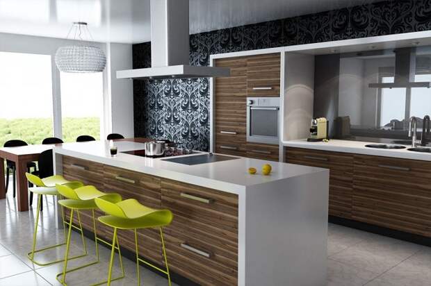 Кухня с деревянными элементами, что позволит максимально быстро облагородить интерьер.