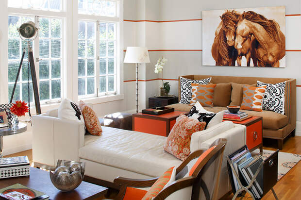 contemporary living room with light gray orange and white striped walls