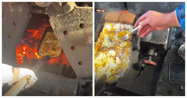 На рельсах и сытно: как жарят яйца с салом прямо в топке паровоза