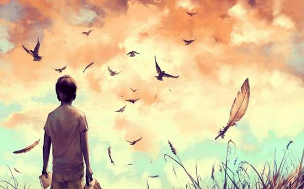 Alone-boy-and-birds-flying-painting