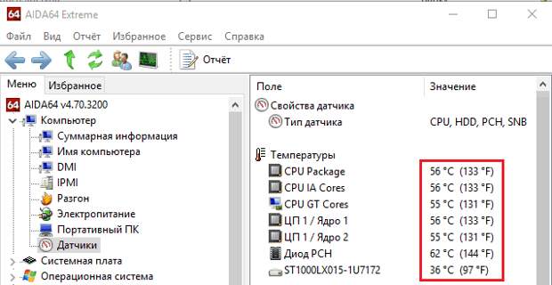 Температуры ноутбука в Aida64.