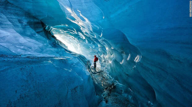 Начиная с 2000 года, исландские ледники потеряли 12% от своего первоначального размера. Показанный ниже исландский гид Ханна Петурсдоттир восхищается ледяной пещерой внутри ледника Svínafellsjökull.  животные, климат, природа