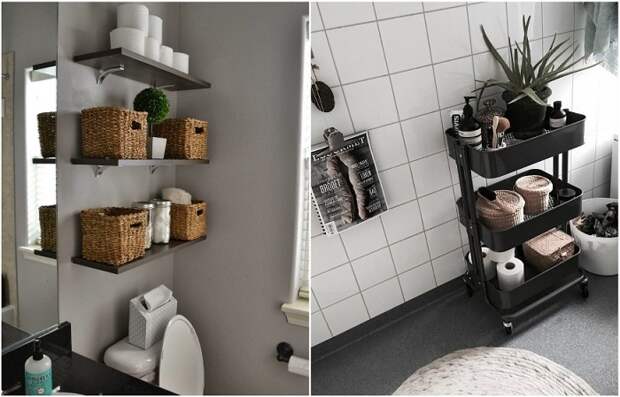 На полки можно поставить плетеный корзины, а возле ванны - этажерку на колесах