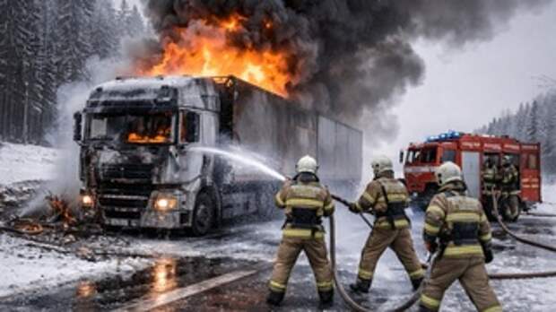 Тушение большегруза / Пожарные / Пожары / МЧС / Изображение сгенерировано ИИ ChatGPT / amic.ru