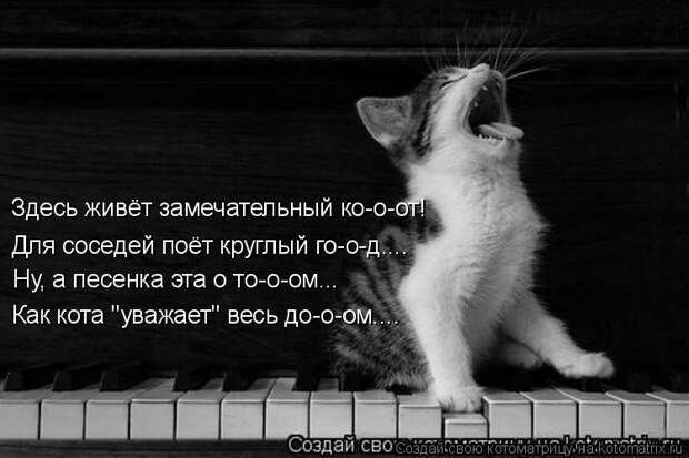Котоматрица: Здесь живёт замечательный ко-о-от! Для соседей поёт круглый го-о-д.... Ну, а песенка эта о то-о-ом... Как кота "уважает" весь до-о-ом....