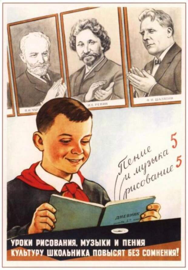 Плакат Виктора Говоркова 1959 года обращает внимание на «второстепенные» предметы, необходимые для повышения общего культурного уровня школьника.
