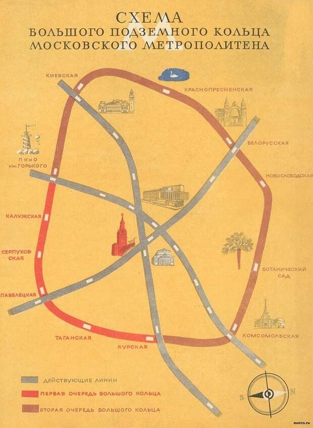 Схема Большого подземного кольца Московского метрополитена [будущей Кольцевой линии метро] 1946 года карта, метро, схема