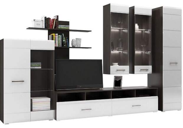 Модульная стенка</a></p> <h3>Стенка-горка</h3> <p>Модель является универсальным и самым популярным вариантом. Модульные системы включают шкафчик-купе, телевизионную тумбу, витрину, книжные стеллажи. Помимо функциональности, стенки-горки часто становятся настоящим украшением интерьера благодаря использованию подсветки, комбинированным материалам.</p> <figure><a href=