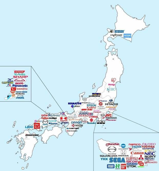 18. Карта знаменитых на весь мир компаний родом из Японии в мире, интересно, карта, познавательно, фото