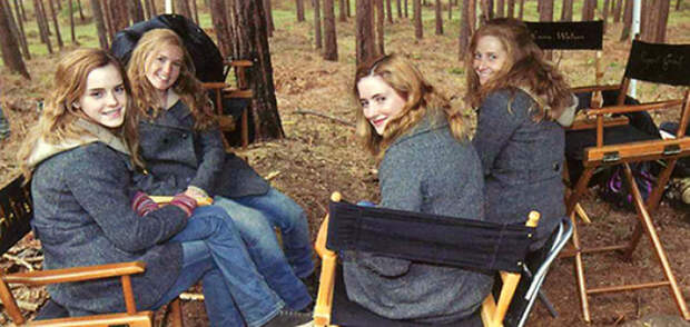 Emma Watson With Her Stunt Doubles On The Set Of Harry Potter