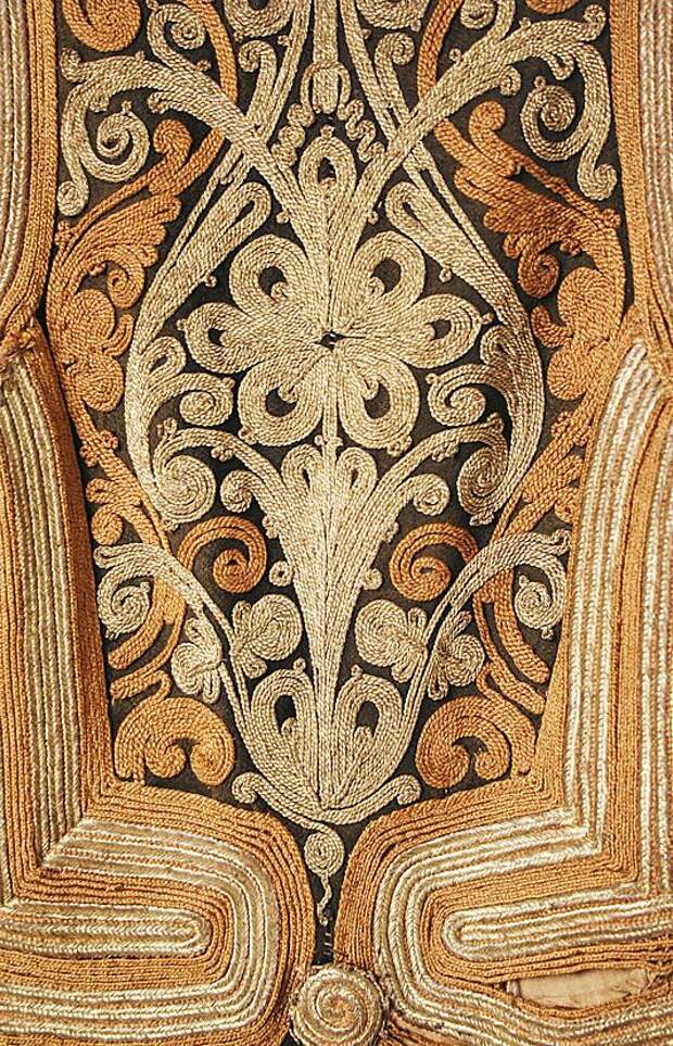 Detail of the embroidery on a Greek coat.  Late-ottoman era, early 19th century.  Wool, silk, metallic.: 