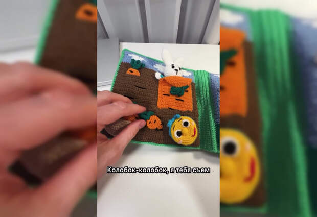 Мужчина продемонстрировал вязаную книгу "Колобок"