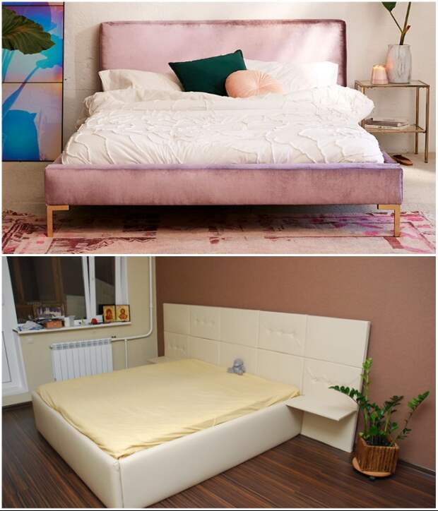 Если видимые части кровати сделаны из ОСБ или необработанного ДСП, то его обтягивают тканью или кожзамом. | Фото: obustroeno.com/ stroyremned.ru.