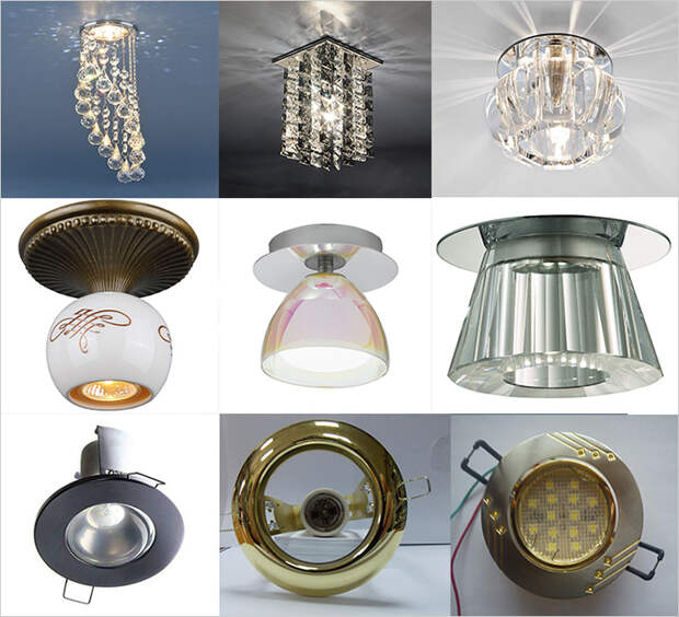 Разнообразные точечные светильники отличаются формой и способом монтажа