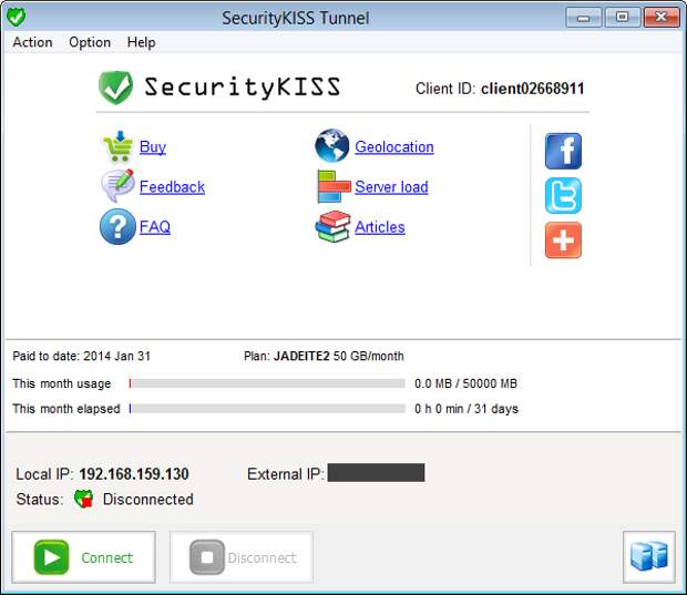 SecurityKISS Tunnel - 50 GB/месяц на 1 месяц бесплатно