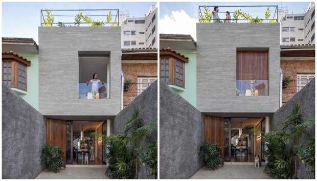 В спальне с окном, выходящим на улицу, имеется балкон и деревянные ставни (Piraja House, Бразилия).