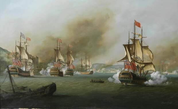 1739 год, в ходе "войны за ухо Дженкинса" англичане берут Портобело (ныне в Панаме) - важный порт испанцев, откуда уходил "серебряный флот" с богатствами. Художник: Louis Dodd