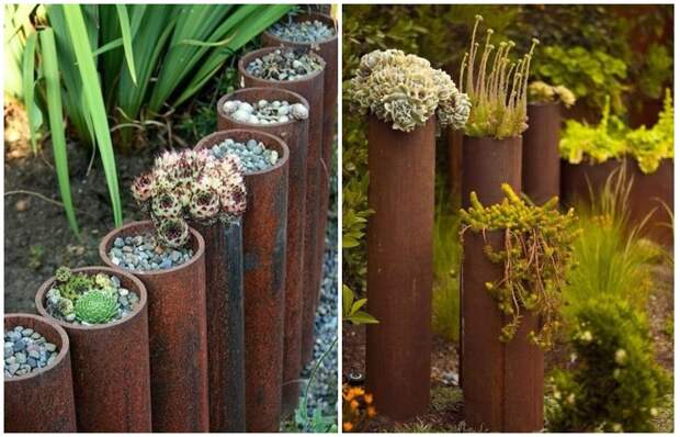 Металлические или бетонные трубы можно смело использовать для облагораживания цветника