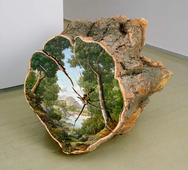 Потрясающие пейзажи на фрагментах поваленных деревьев дерево, пейзаж, художница
