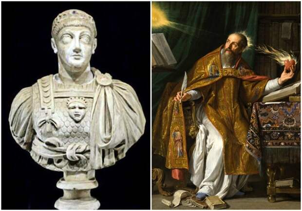 Слева направо: Бюст императора Валентиниана III. \ Аврелий Августин Блаженный (Святой Августин).