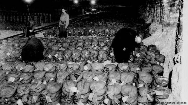 Мешки с деньгами и золотом в шахте Кайзеррода. Снимок сделан 7 апреля 1945 года американскими солдатами Мешки с деньгами и золотом в шахте Кайзеррода. Снимок сделан 7 апреля 1945 года американскими солдатами