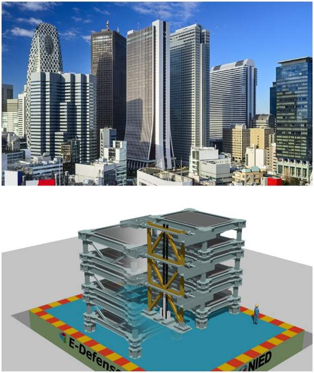 Большинство небоскребов Японии укреплены с помощью стальных рам, тросов и предохранителей.