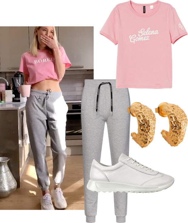 Футболка, 999 руб.,  H&M; брюки, 7600 руб.,  Calvin Klein Jeans; серьги, 999 руб., Mango; кроссовки, 8990 руб., Ecco.