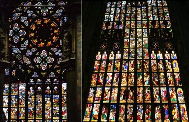 Подсвеченные витражи особо впечатляют (Cattedrale di Santa Maria Nascente, Италия).