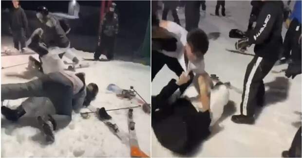 На горнолыжном курорте лыжники устроили драку