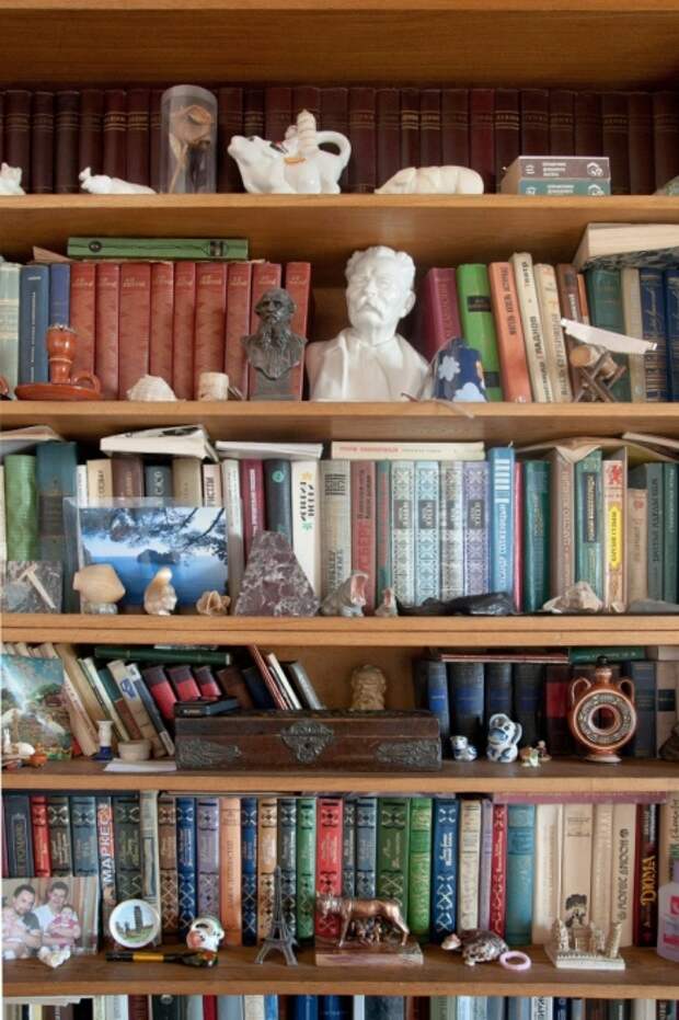 Книжные полки с многочисленными статуэтками.