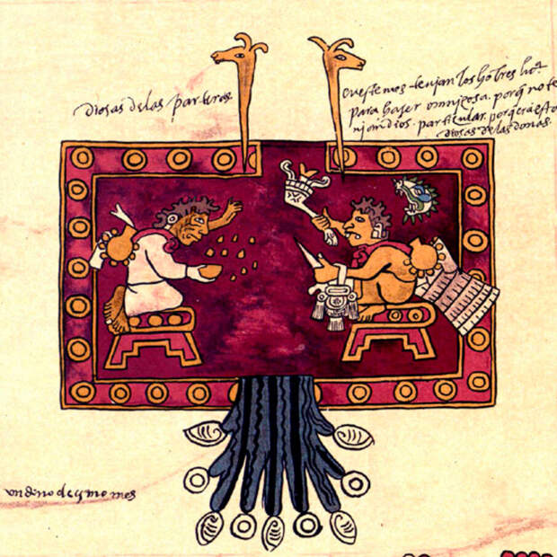 Два бога-старца бросают зерна кукурузы или семена дерева ците. Фрагмент копии Бурбонского кодекса. Ацтеки. Оригинал находится в коллекции Bibliothèque de l'Assemblée Nationale, Париж.