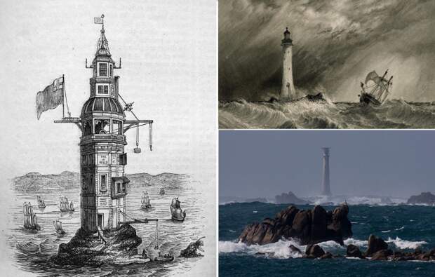 За 265 лет своего существования маяк Эдистон четырежды менял свой облик (Великобритания). | Фото: wikiwand.com/ auction.violity.com/ itboat.com.