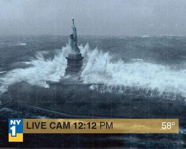 Это фото было опубликовано как документальный снимок урагана Сэнди. На самом деле, это кадр из фильма "Послезавтра" кругом обман, фальшивка, фото, фотошоп