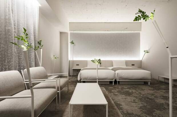 Одна из гостиных комнат, оформленных Су Фудзимото (Shiroiya Hotel Green Tower, Япония). | Фото: culturainquieta.com.