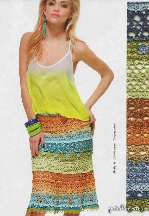Разноцветная ажурная юбка крючком. Описание, схемы