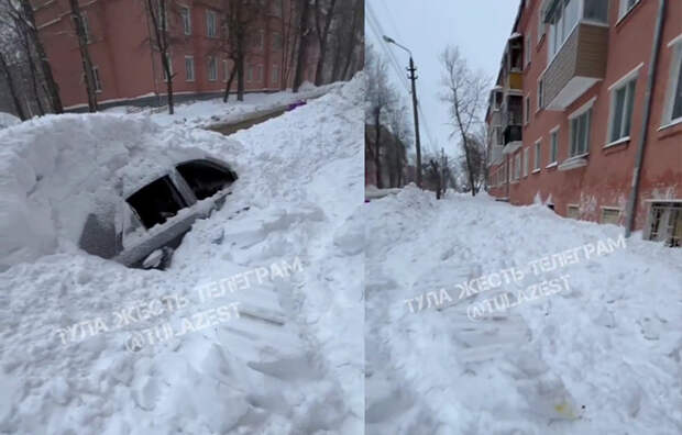 В тульском Криволучье снежная лавина с крыши дома засыпала машину