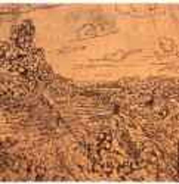 Скалистый пейзаж с деревом. 1621 - 1632 - Контр-эпрев с офорта, черный оттиск на окрашенной светло-коричневой ткани 100 x 191 мм Риксмузеум Амстердам