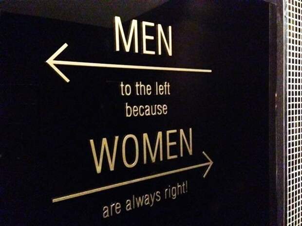 1. "Мужчинам налево, потому что женщины всегда правы!" в мире, креатив, туалет, туалетный знак, юмор