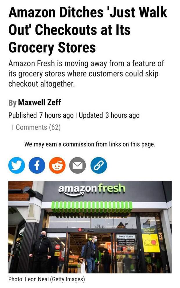 Amazon закрыл свои продуктовые магазины без кассиров с технологией «Взял-и-иди»