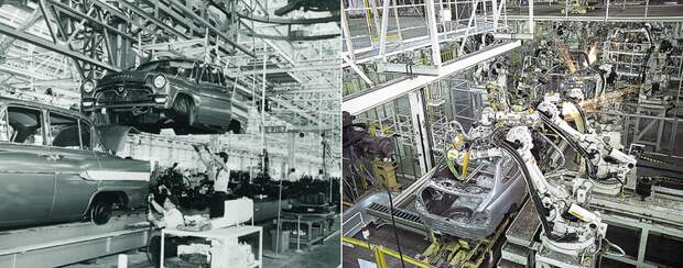 Почувствуйте разницу. Слева конвейер завода Toyota 60-х годов — людей в цеху совсем немного... А справа современный сборочный цех японской фирмы — людей нет совсем, одни лишь роботы. авто, история, тойота, факты