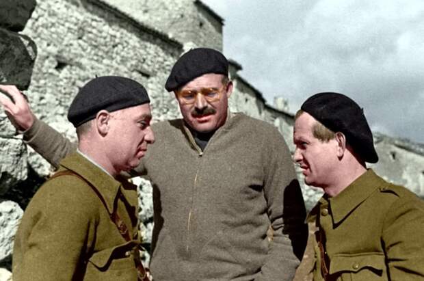 Ernest Hemingway with Ilya Ehrenburg and Gustav Regler during the Spanish Civil War, not dated, circa 1937.