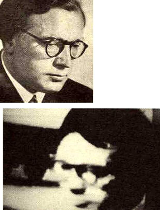 Сверху- прижизненное фото д-ра Константина Раудива, одного из первопроходцев в исследованиях транскоммуникации.      Ниже - (TV) изображение Раудива, полученное на телеэкране во время сеанса транскоммуникации.