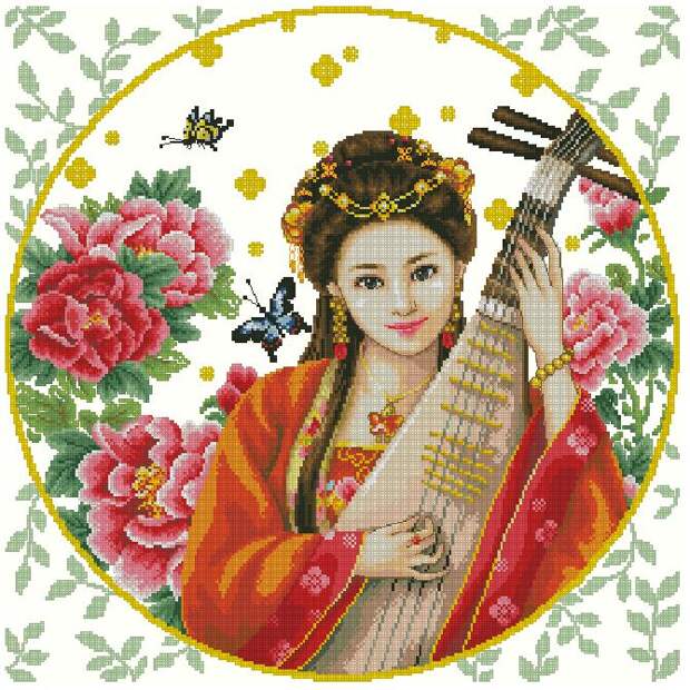 Схема вышивки крестом - Китаянка с музыкальным инструментом Пипа
