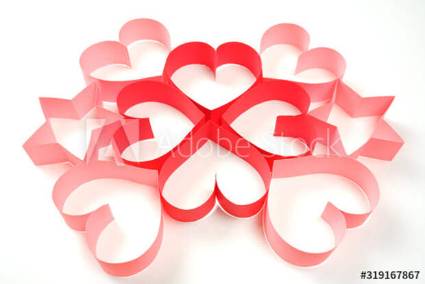 Four of red and four of pink paper hearts and two pink paper stars on white background isolated. Good love, valentines day, womens day banner, offer, card, invitation, flyer, poster template.