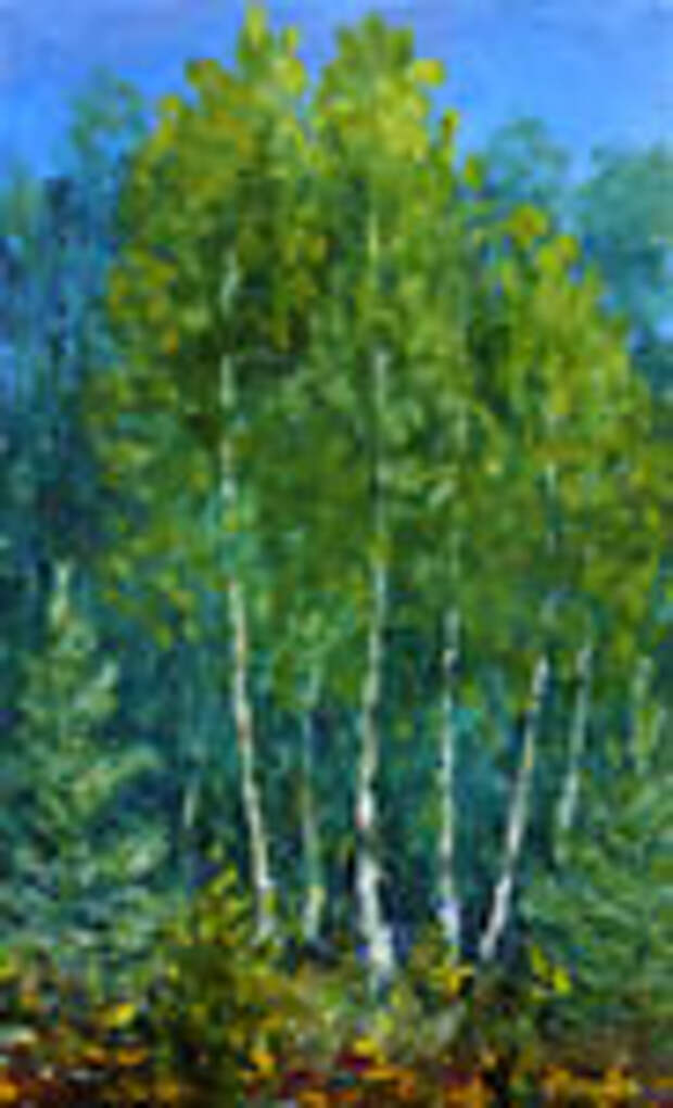 Живопись мастихином: Поляна красивых деревьев в лесу. Лесной летний пейзаж маслом на холсте. Картина написана мастихином на пленэре в лесу летом. Художник Валерий Рыбаков. Продажа картины.