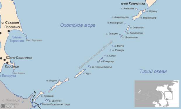 Острова Курильской гряды на карте 