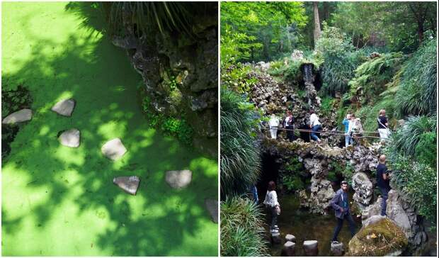 Иногда камни показываются над водой, и тогда смело можно начинать шагать только с левой ноги (Quinta da Regaleira, Синтра). Иногда камни показываются над водой, и тогда смело можно начинать шагать только с левой ноги (Quinta da Regaleira, Синтра).