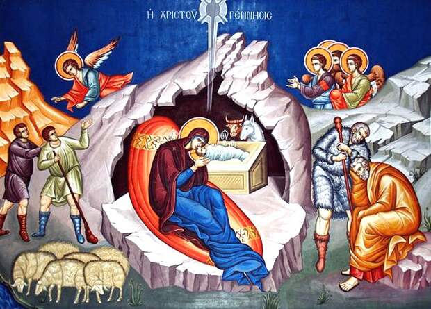 Рождество Христово: иконы и фрески.  Рождество Христово. Греция. Современная фреска